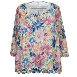Floral Crochet Mesh Top Scalloped Hem Cottagecore Alfred Dunner Medium Pastel